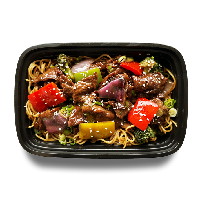 Container with chowmein noodles, sauteed beef, diced yellow and red peppers, broccoli, red onion