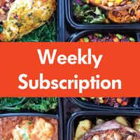 Image of various prepared meals with text "Weekly Subscription" over the image