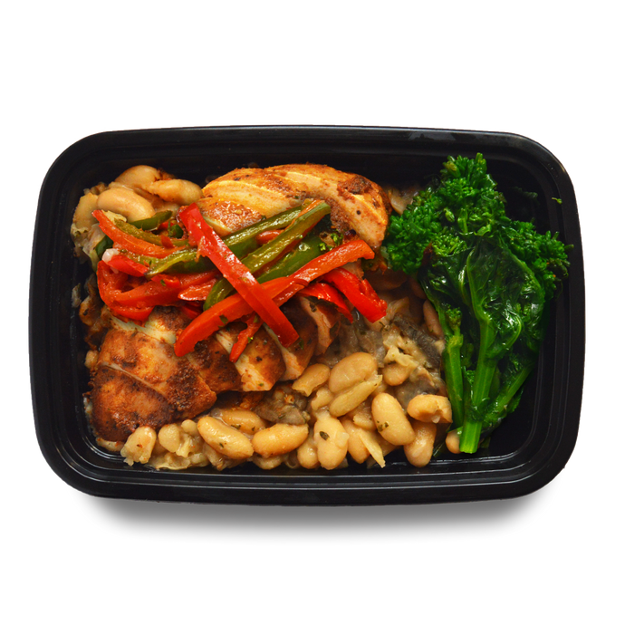Basque-style chicken breast, topped with red and green peppers, with slow braised white bean cassoulet and broccoli