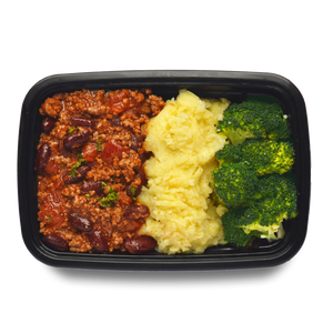 Slow-cooked Beef Chili, with creamy mashed potatoes and broccoli