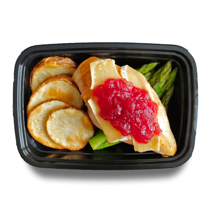 Roasted chicken breast, topped with brie and cranberry sauce, garlic potatoes, asparagus