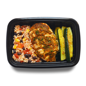 Dominican-style chicken breast, spanish rice with beans and corn, zucchini wedges