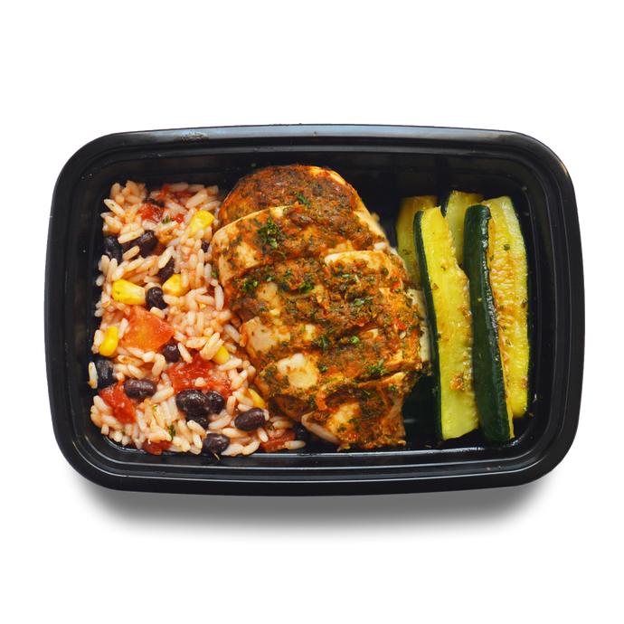 Dominican-style chicken breast, spanish rice with beans and corn, zucchini wedges