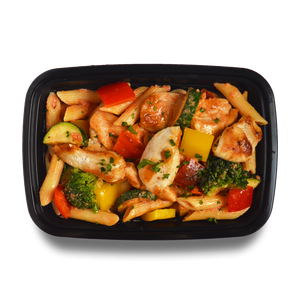 Chicken breast, broccoli, red pepper, zucchini, penne pasta in a creamy rose sauce