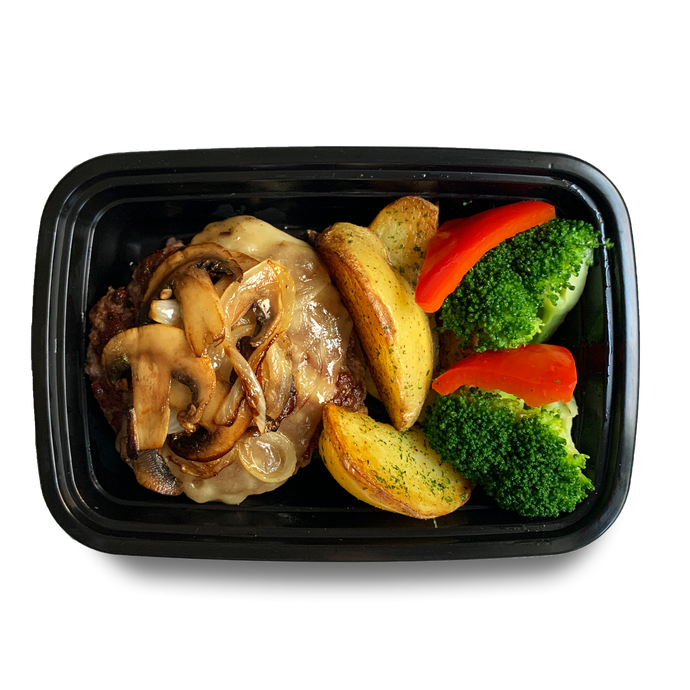Burger patty topped with melted swiss cheese, onions and mushrooms, side of potato wedges, broccoli and red peppers